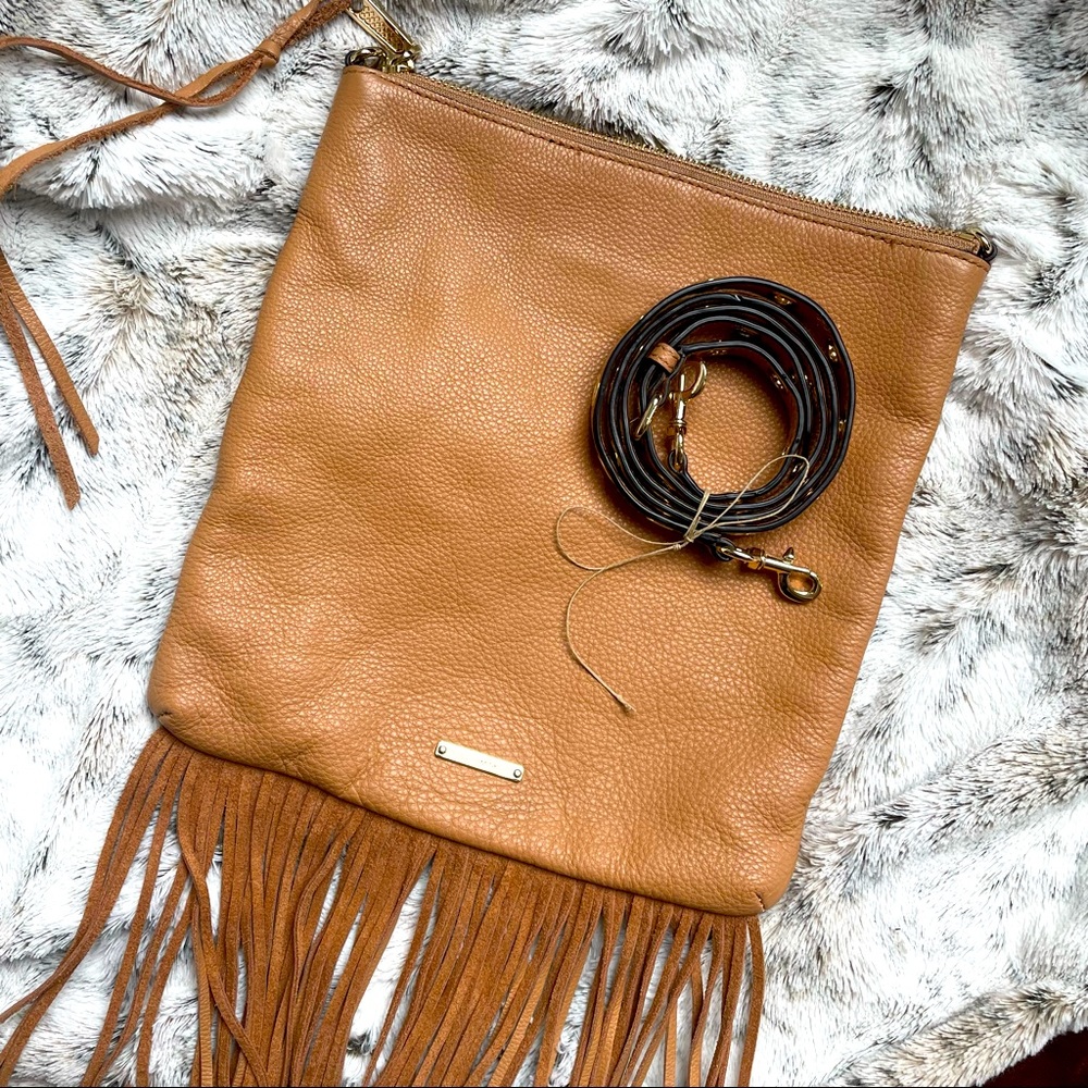 New Rebecca Minkoff Adjustable Tan Leather Crossbody with fringe & strap detail